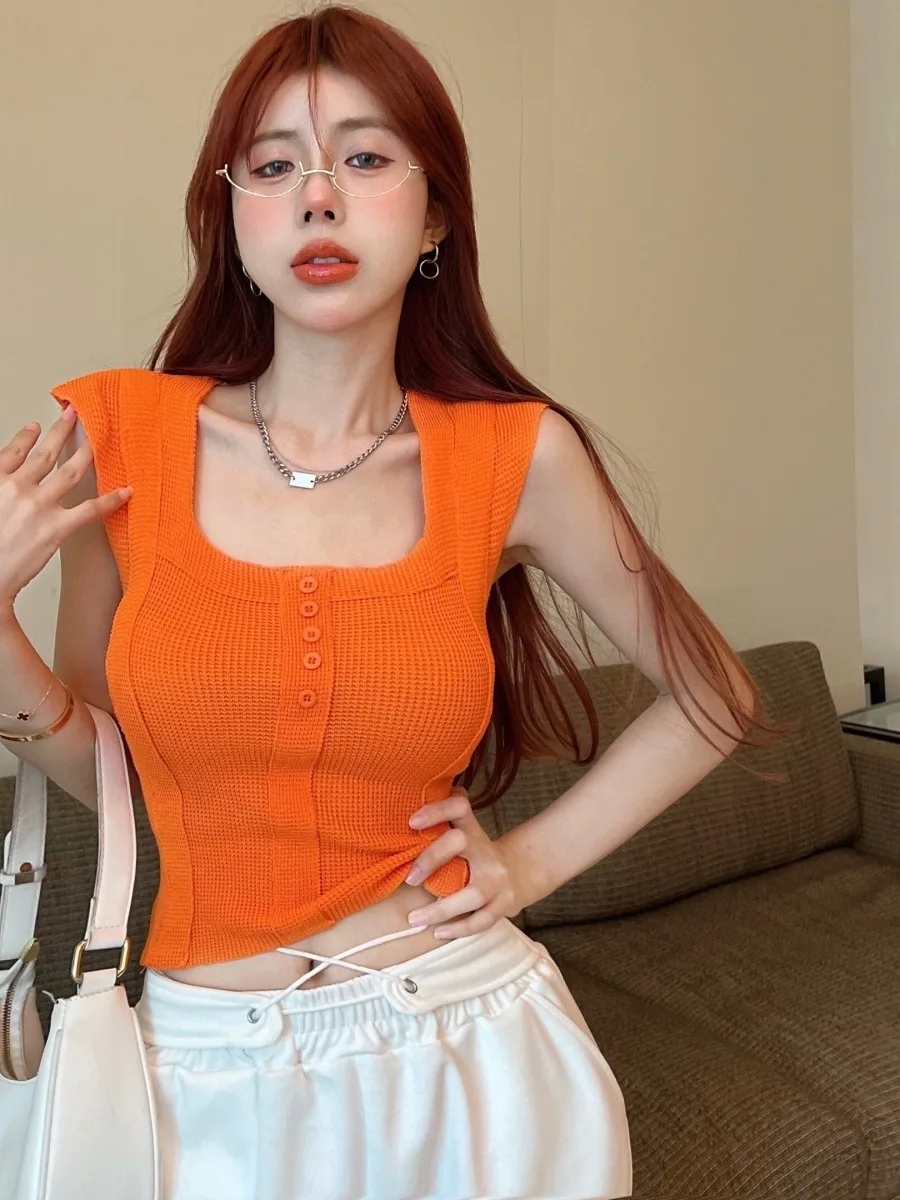 Orange Spicy Girl Top New Outerwear Small Camisole Women's Inner Wear Slim Fit Square Neck Sleeveless Bottom Shirt SSAV