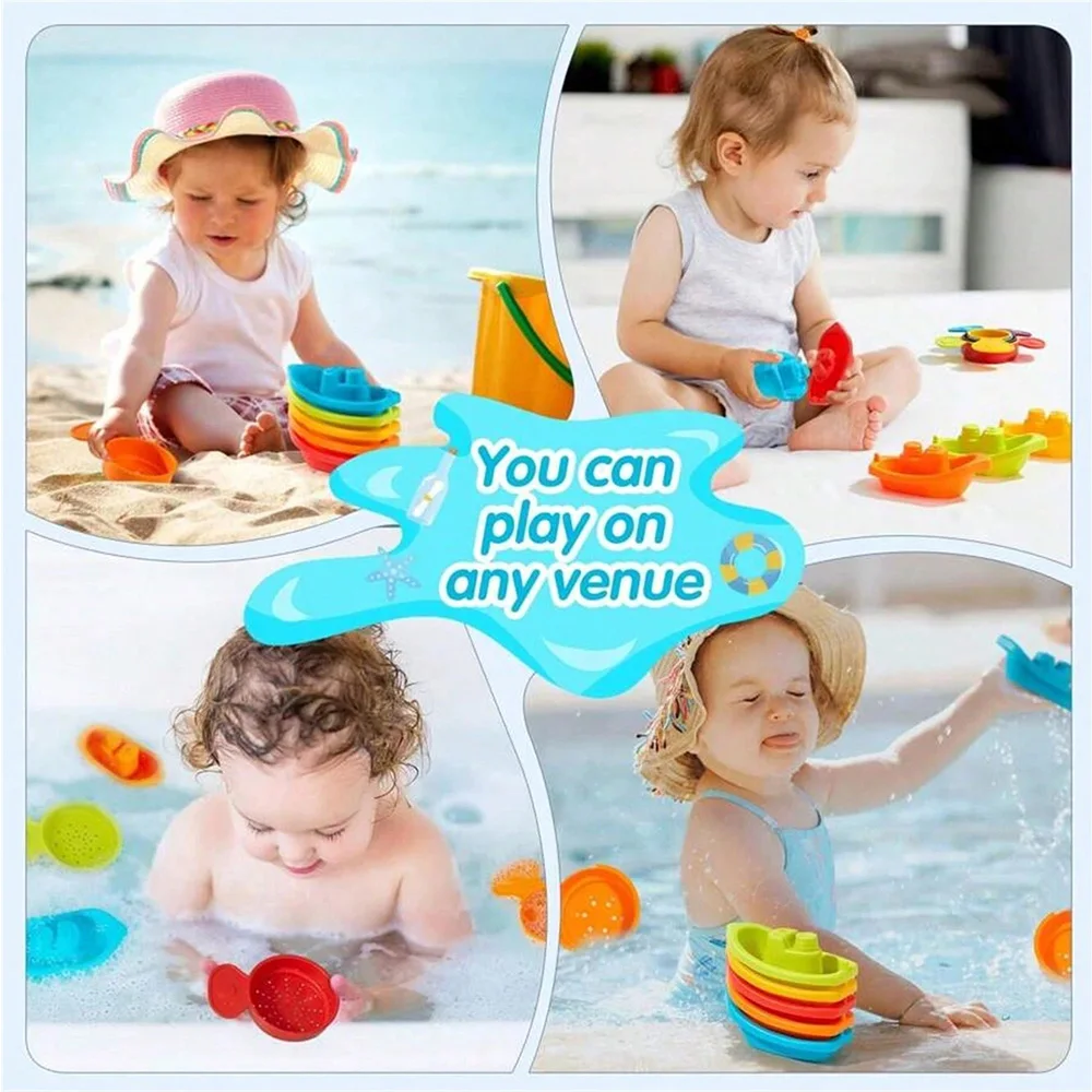 Jouets de bain pour bébé, jouets de bateau et de cuillères empilables, cadeau d'intelligence pour l'éducation précoce, jouet pour bébé à tour pliante à tasse empilée de couleur arc-en-ciel