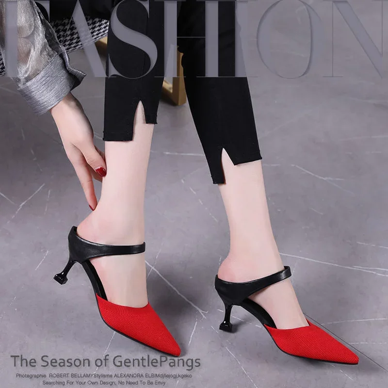 

High Heels Sandals for Woman Summer 2024 Footwear Leather Slippers Pointed Toe Women's Shoes Free Shipping and Low Price Trend F