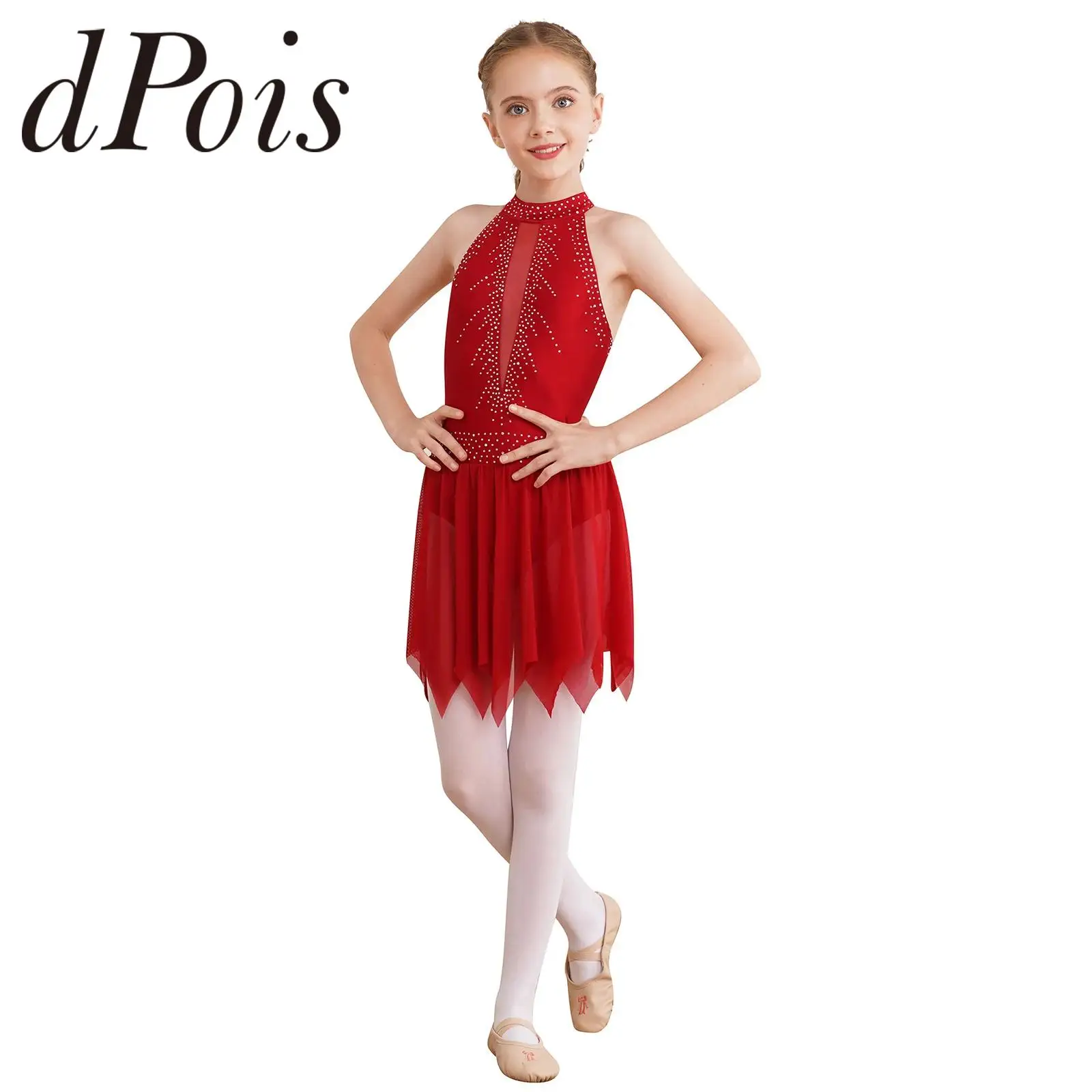 

Kids Girls Figure Ice Skating Leotard Dress Asymmetrical Mesh Lyrical Dance Dress for Ballet Gymnastics Performance Costume