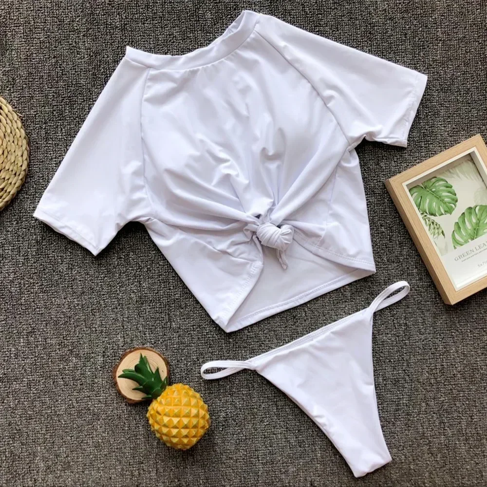 2 Colors Sexy Two Piece Swimsuit Swimwear Women Short Sleeve Knotted Solid Two-piece Bathing Suit Beachwear Banadores Mujer 2026