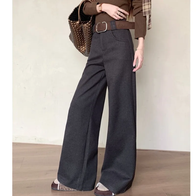 Thiened Woolen High Waist Wide Leg Pants Retro Korean Sle plus Size Versatile Long Trousers Autumn Winter New Arrival