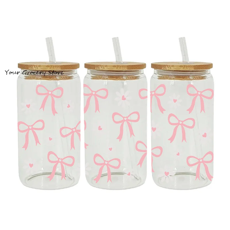3D UV DTF Transfers Stickers 16oz Cup Wraps Cartoon Bow Printed For DIY Glass Ceramic Metal Leather