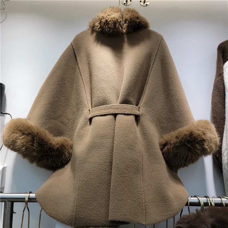 Clothland Women Retro Fur Cape Coat Shawl Batwing Sleeve Sashes Oversize Style Female Chic Jacket Mujer CB407