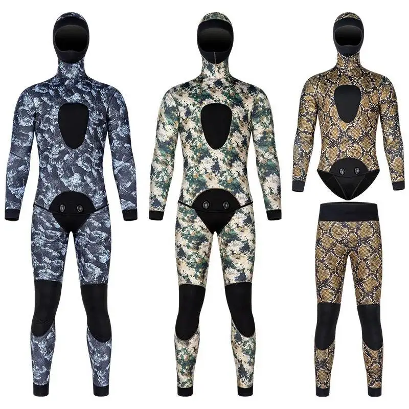 

5 мм гидрокостюм из двух частей с капюшоном, охотничий рыболовный костюм, утолщенный теплый зимний гидрокостюм для плавания, подводного плавания, серфинга, фридайвинга