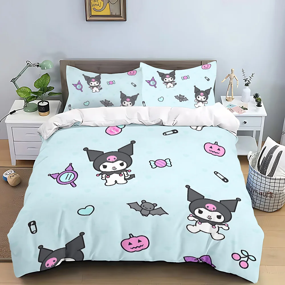 Kuromi dos desenhos animados capa de edredão fronha conjunto cama adulto menino menina quarto decoração crianças presente único duplo tamanho grande