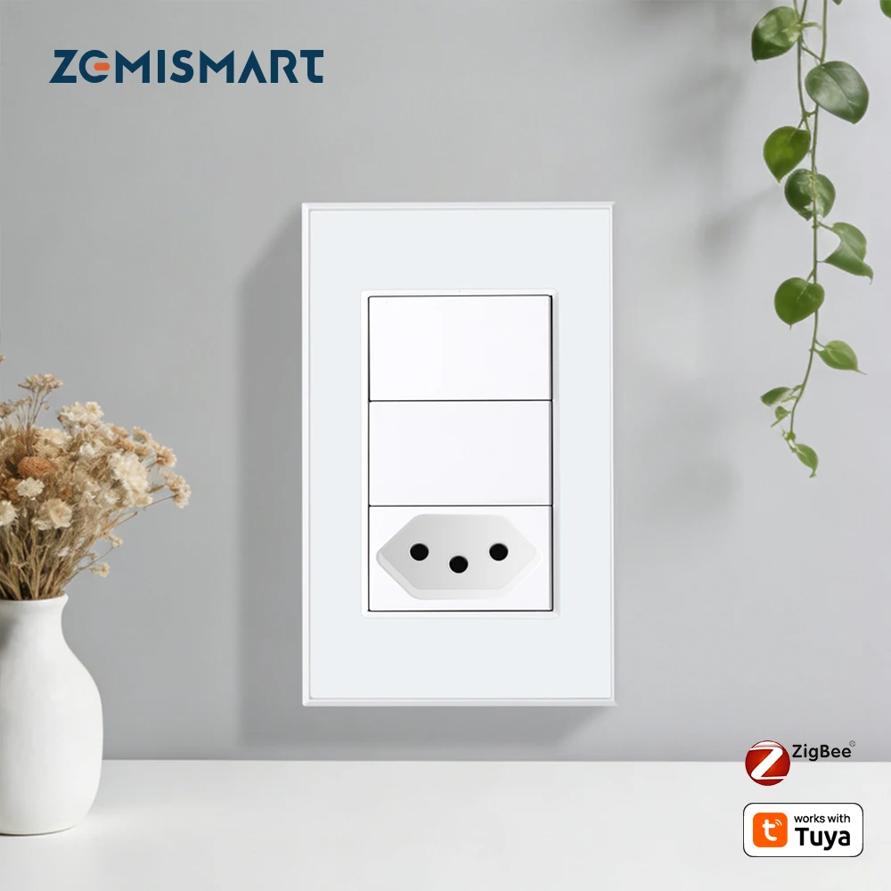 

Выключатель Zemismart Zigbee на 2 клавиши с бразильской розеткой 10А, работает с приложением Tuya, настенные выключатели, совместим с Alexa и Google Home
