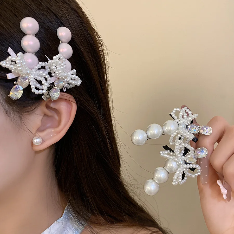 

New Rhinestone Pearl Bow Side Hair Clip French Retro Sweet Temperament Duckbill Clip Light Luxury Hair Accessories for Women