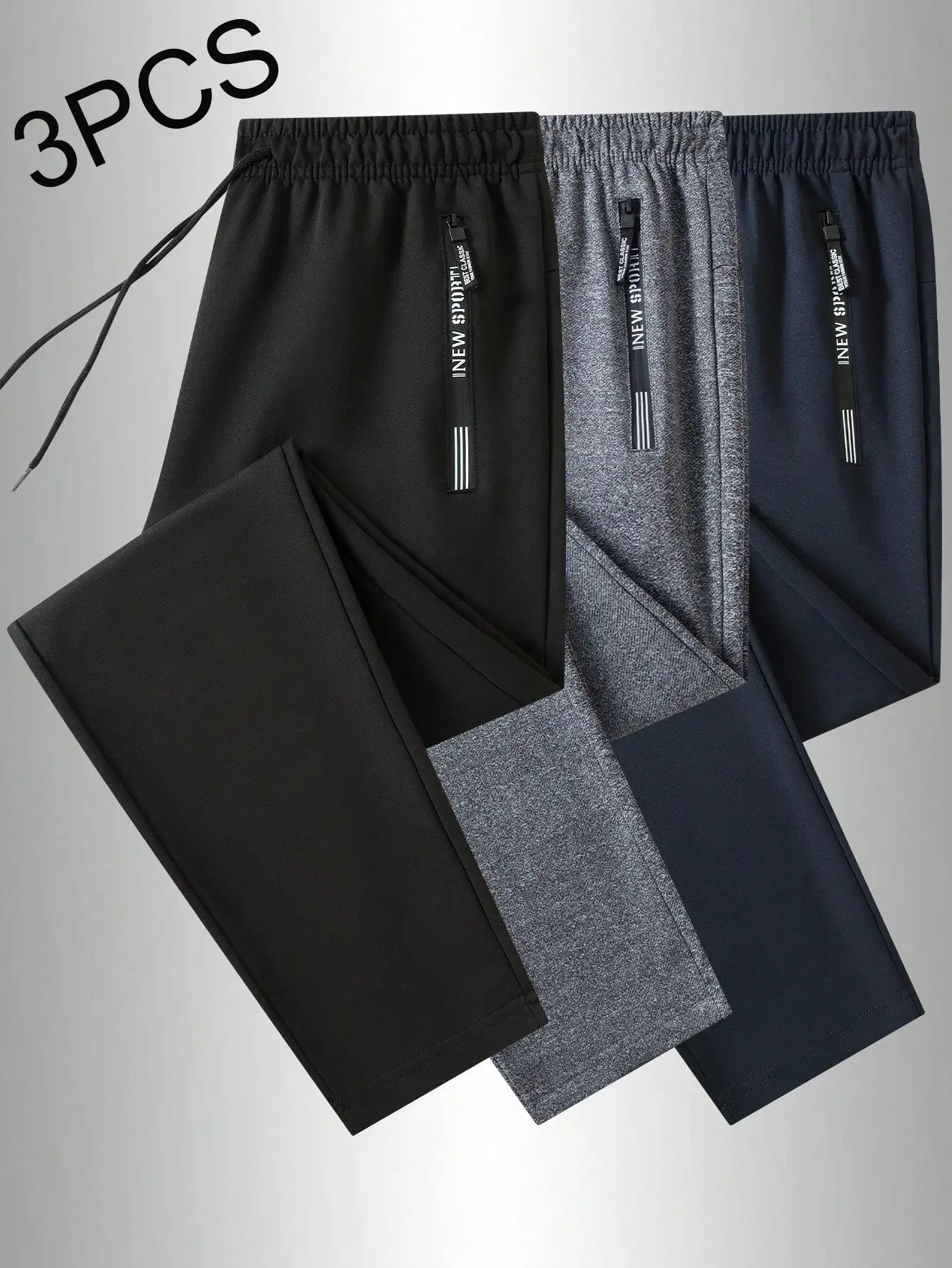 

3-Pack Men's Loose Fit Casual Sweatpants with Zipper Detail, Black Gray Navy