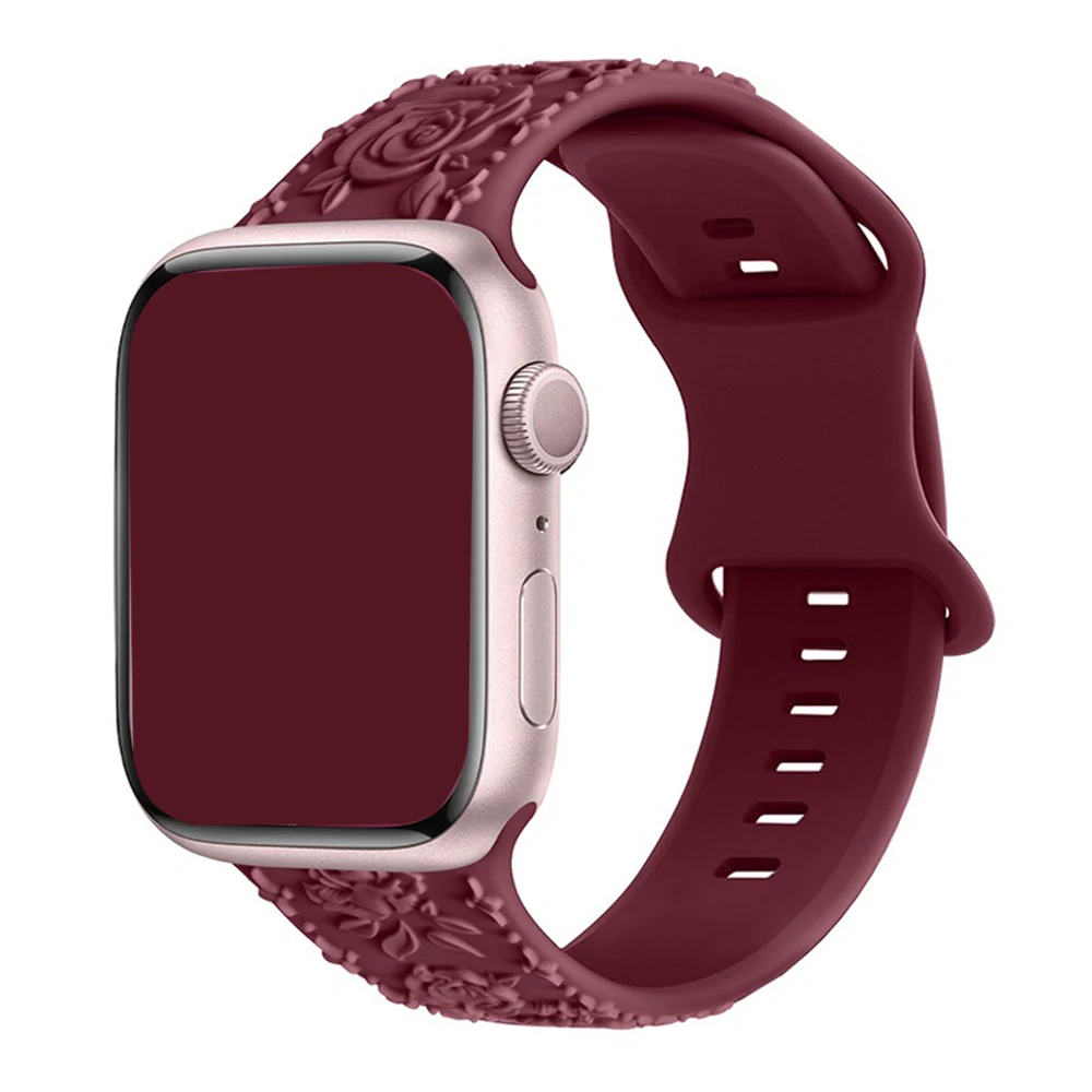 Faixa de Silicone Feminina Gravada Suave para Apple Watch, Correia para iWatch Series 9, 8, 7, 6, 5, 4, Se, 3, 38mm, 40mm, 41mm, 42 milímetros, 44 milímetros, 45 milímetros