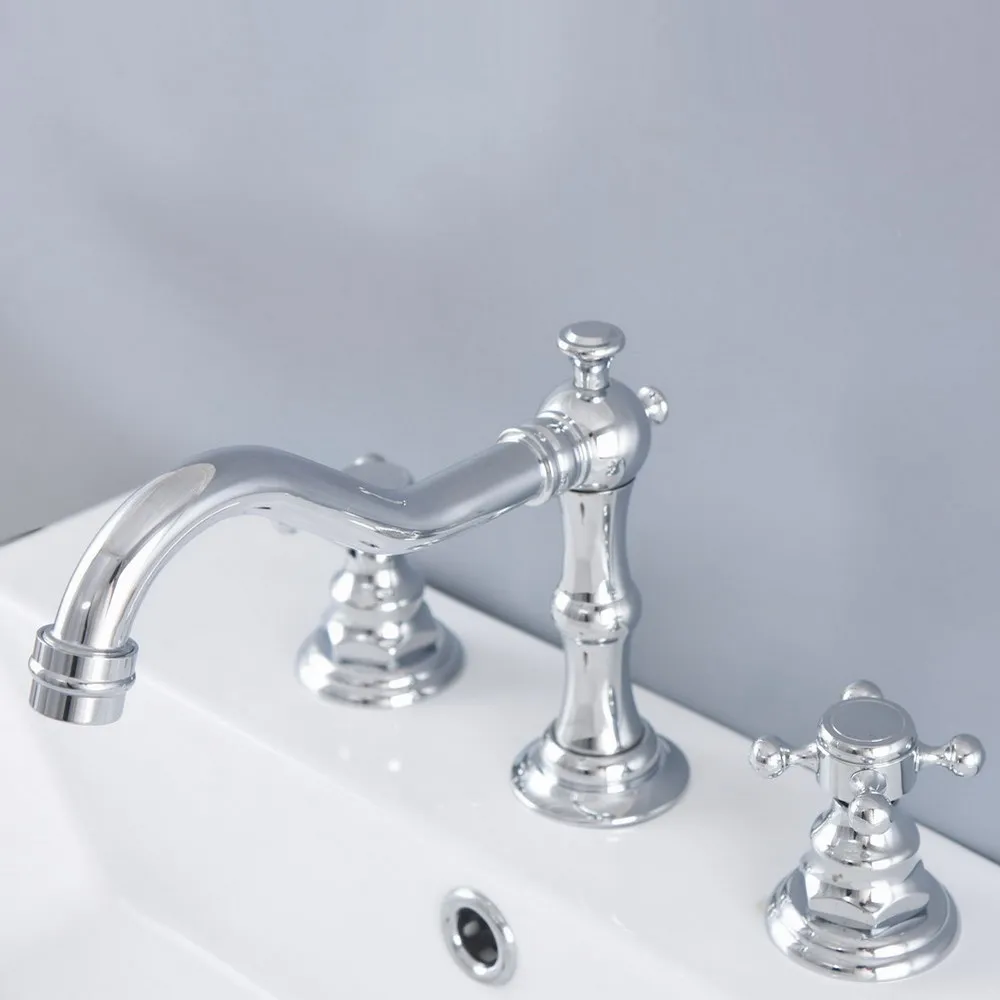 

Chrome Basin Faucets Brass Deck Mounted Bathroom Sink Faucets Double Handle 3 Hole Hot And Cold Water Tap Lnf971