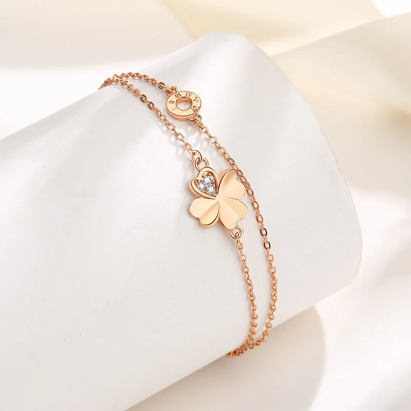 AETEEY S999 Silver Four Leaf Flower Double Layer Bracelet Niche High-end Women Wrist Jewelry
