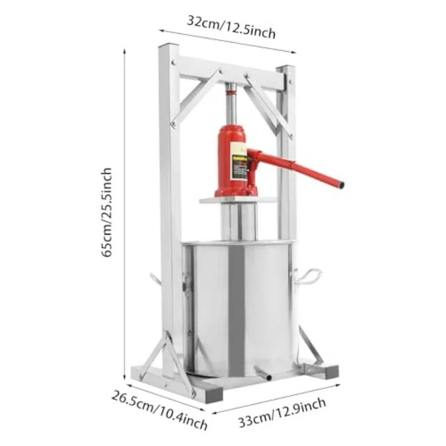Fruit Wine Press 12L 3.2Gal Stainless Steel Manual Juice Maker Hydraulic Jack Juicer Hand Squeezer with THandle for Wine Cheese