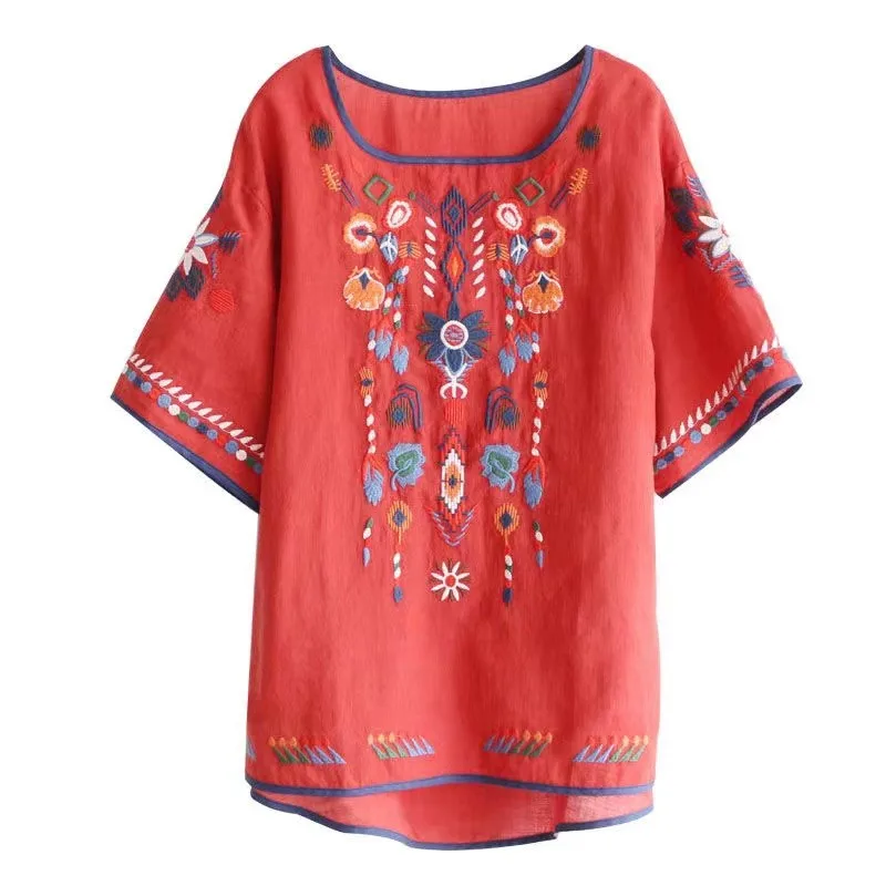 Women Spring Summer Retro Cotton Linen Blouse Chinese National Style Embroidery Three Quarter Sleeve Floral Cheongsam Shirts 4XL