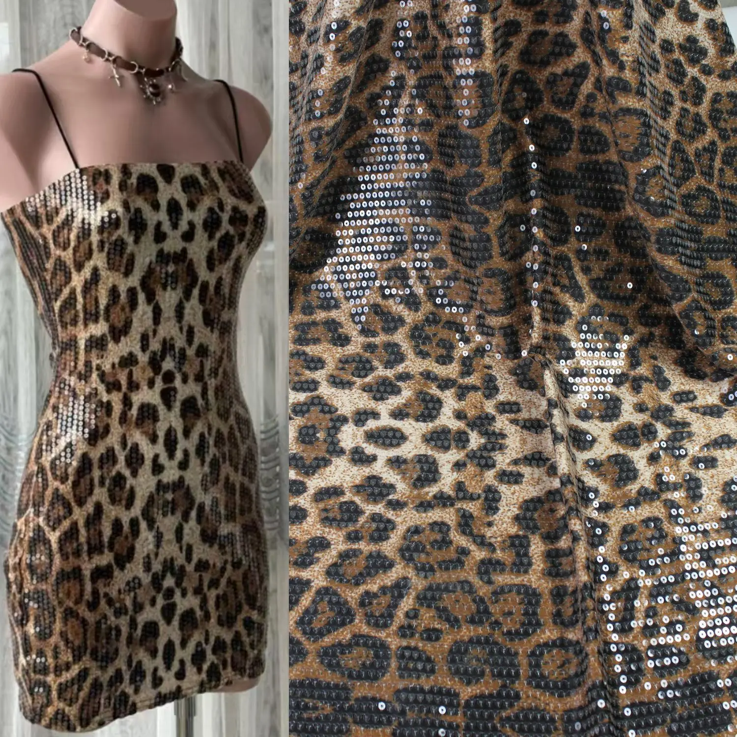 

Блестящая леопардовая вышитая пайетками платье изготовлена из мягкой ткани и подходит как фоновая ткань для вечернего платья.