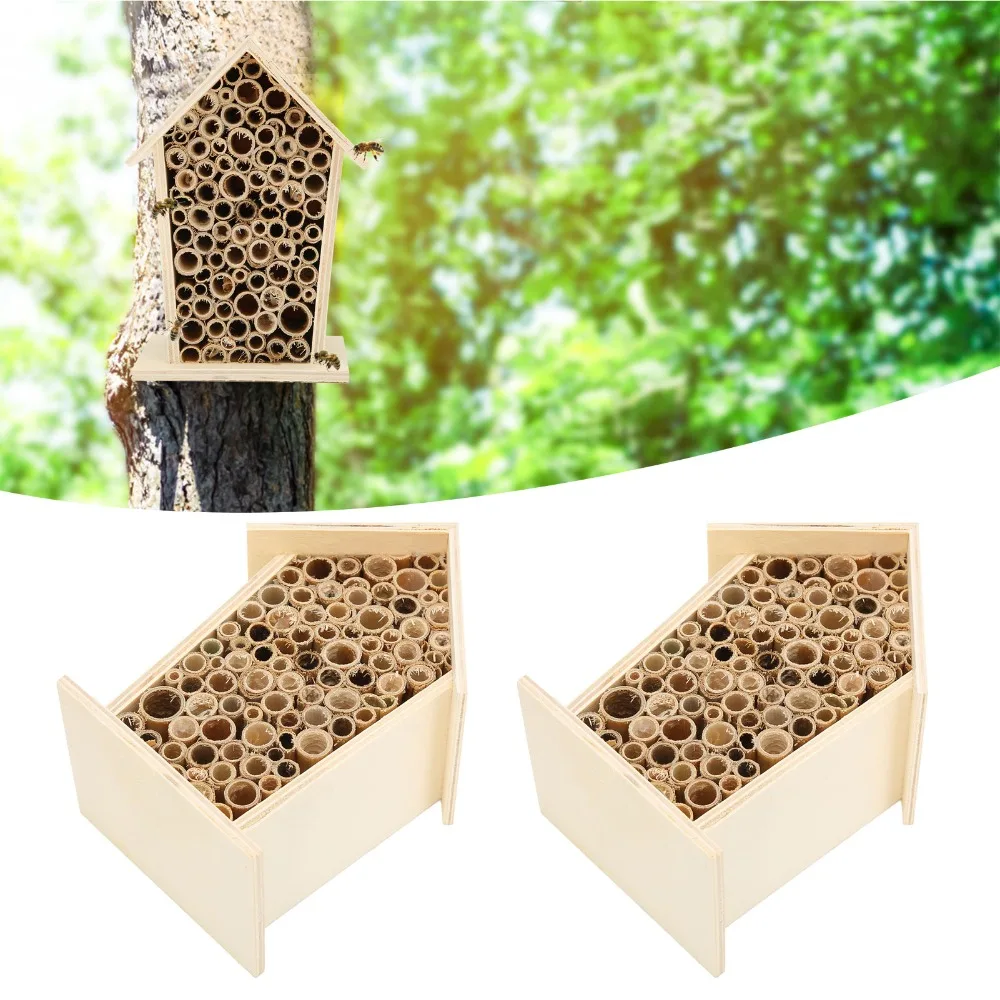 2 Pcs Wonderful Gift Wood Wooden Bee House Durable Non-Toxic Bee Hotel Wall Mountable Reed Nesting Box Garden Decoration