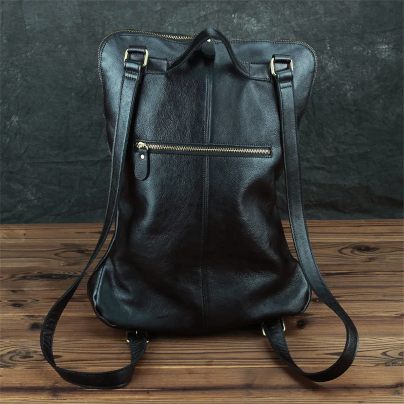 Newsbirds Simple Design Leather Backpack Soft Cowskin Travel Bagpack Pure Color Soild School Bag Daypack For Men Male Black Bag