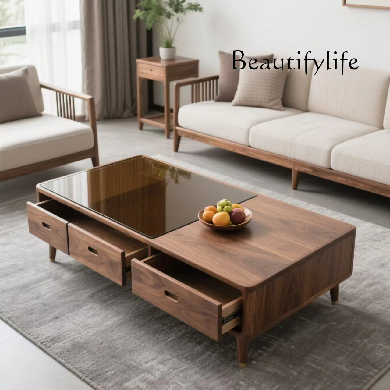 

Full solid wood coffee table living room simple modern household tea cabinet North American black walnut tea table