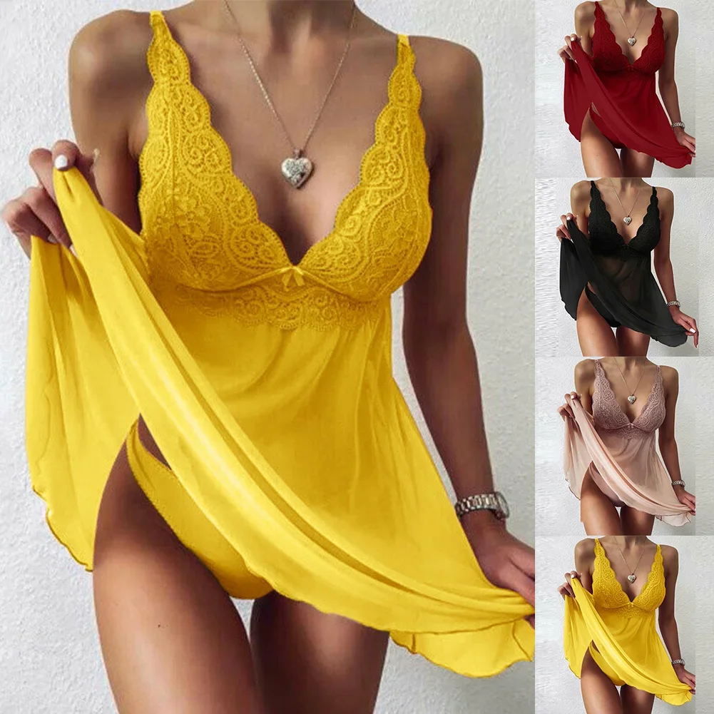 2023 moda donna Sexy scollo a v pizzo camicia da notte indumenti da notte Lingerie Robe intimo vestito scava fuori tinta unita Mini gonna del pigiama