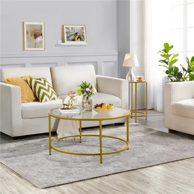 Design Round Modern Glass-Top Coffee Table, Gold