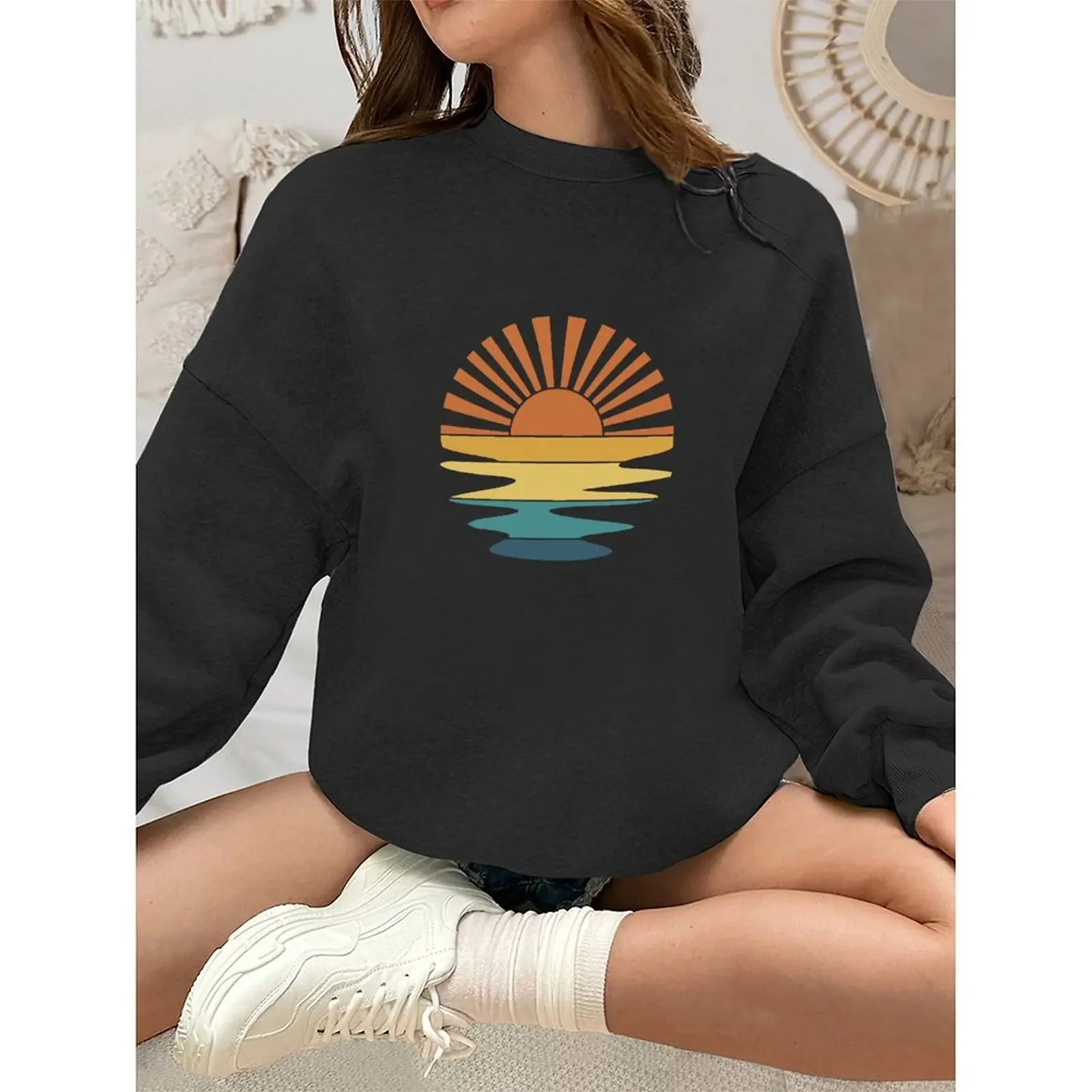 2025 Fashion O-Neck Pullovers Woman Round Neck Long-sleeve Velvet Winter Casual Positive Sunrise Scenery Print Sweatshirt