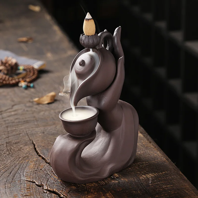

Purple Clay Sandalwood Backflow Incense Burner Creative Buddha Hand Teapot Waterfall Ornamental Backflow Aromatherapy Burner Hom