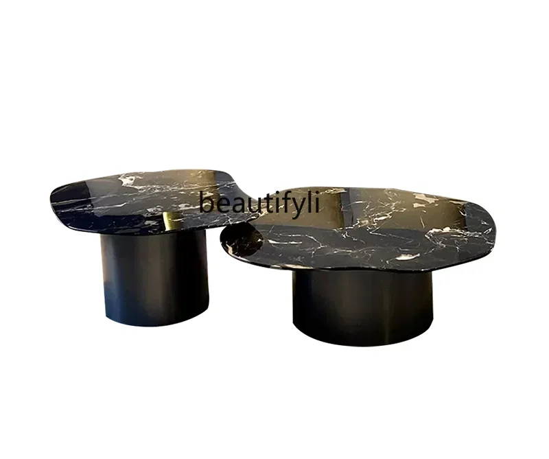 Light Luxury Natural Black Rose Marble Tea Table Special-Shaped Italian Minimalist Stainless Steel Living Room  Tea Table