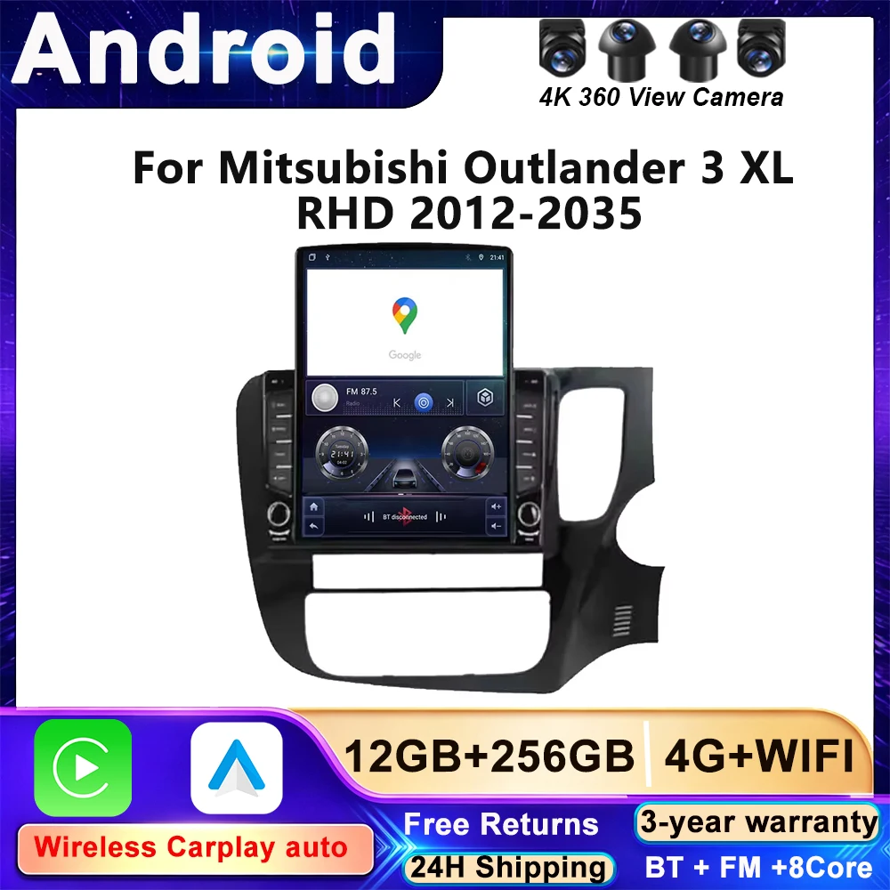 For Mitsubishi Outlander 3 XL RHD 2012-2025 Car Radio Navigation GPS Carplay Stereo Android Auto Multimedia Player DVD Bluetooth