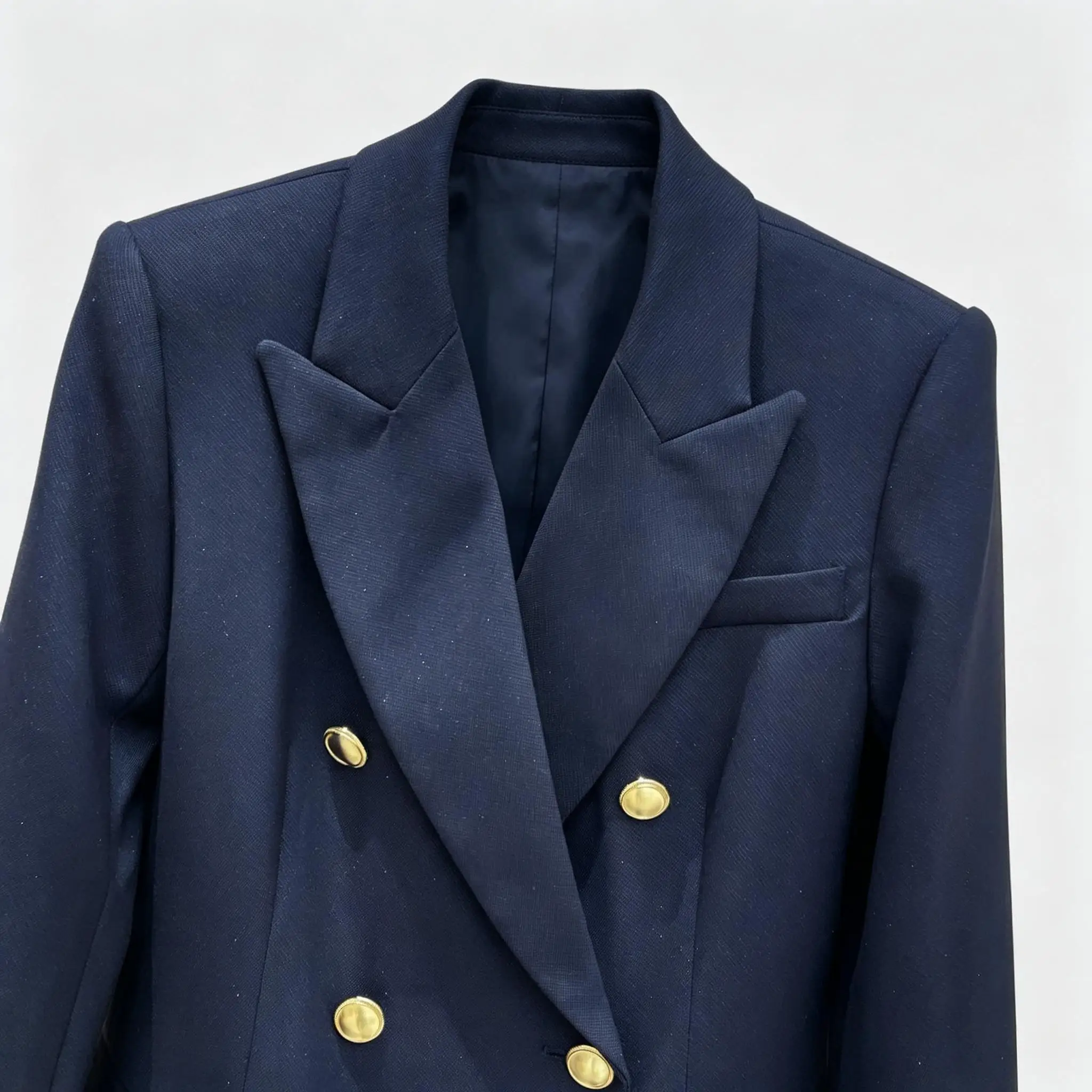 Elegant Navy Blue Double Breasted Blazer Gold Buttons Business Work Coat