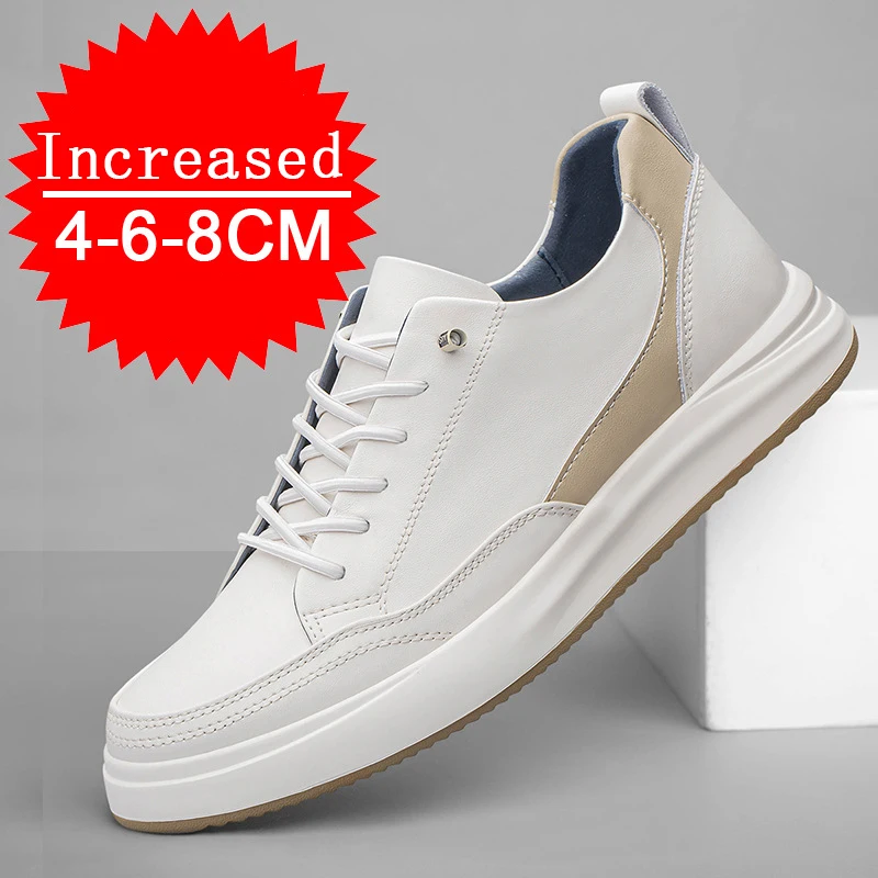 Genuine Leather Shoes Leisure Men Lift Height Increase Insole White Chunky Sneakers Comfortable Breathable Sports Running Shoes