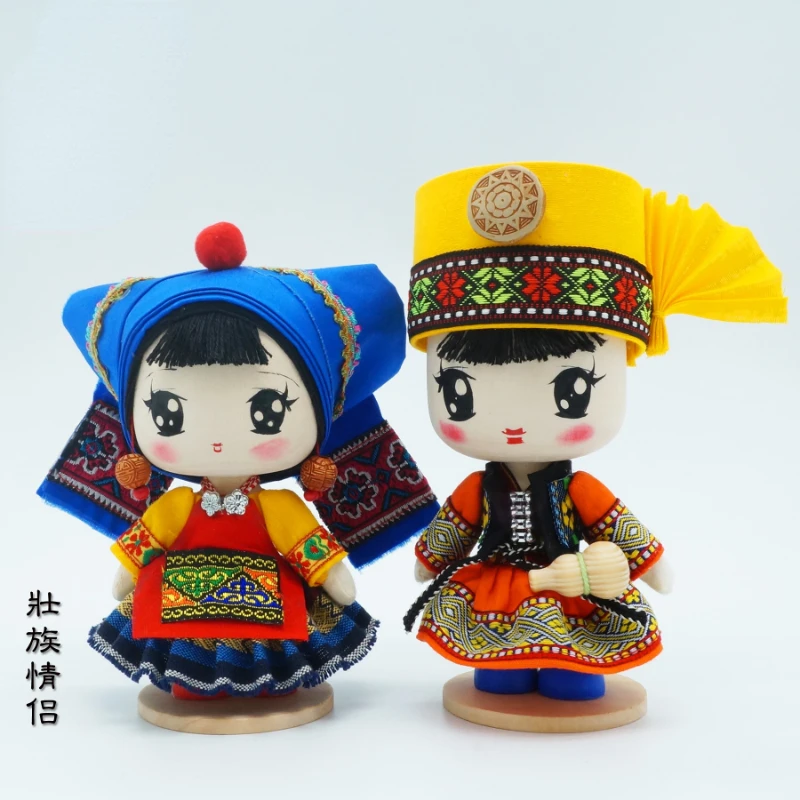 17cm Zhuang doll lovers handmade wooden Q version of national puppet doll Guangxi special gift.