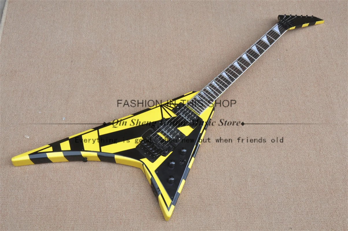 

Black-yellow electric guitar, V-shaped guitar, tremolo bridge, black and yellow striped body, HH pickups, rosewood fretboard