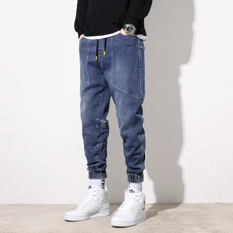 

Casual Drawstring Cotton Jeans 2025 Spring Autumn Men's Hip Hop Streetwear Elastic Waist Denim Pants Youth Plus Size 5XL Trouser