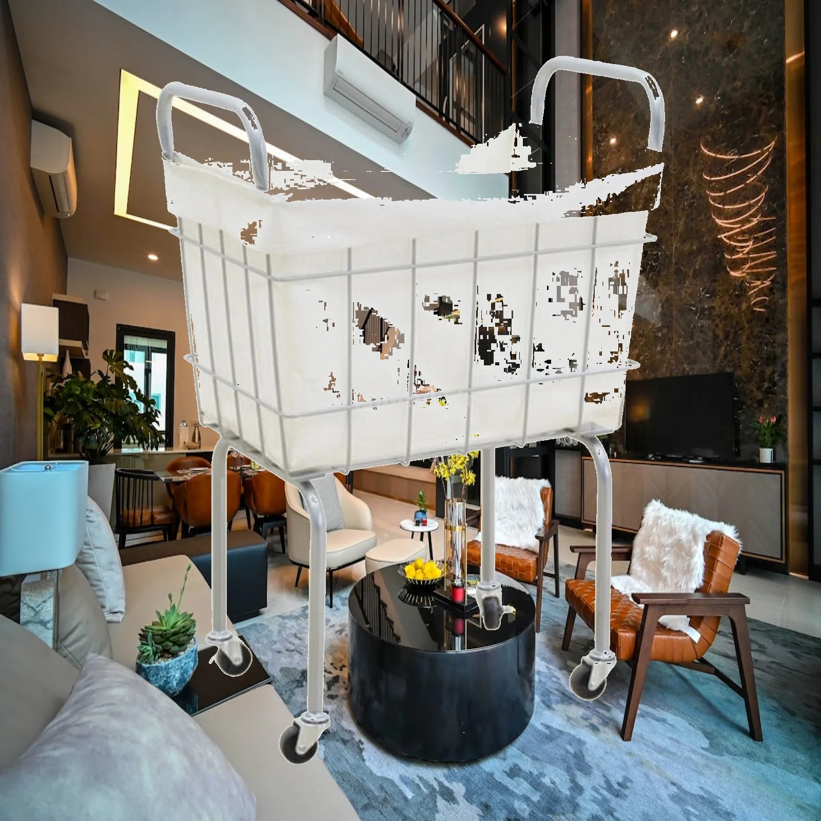 Portable Laundry Cart with Metal Frame and Textile Rim for Moving Clothes Between Rooms Smoothly