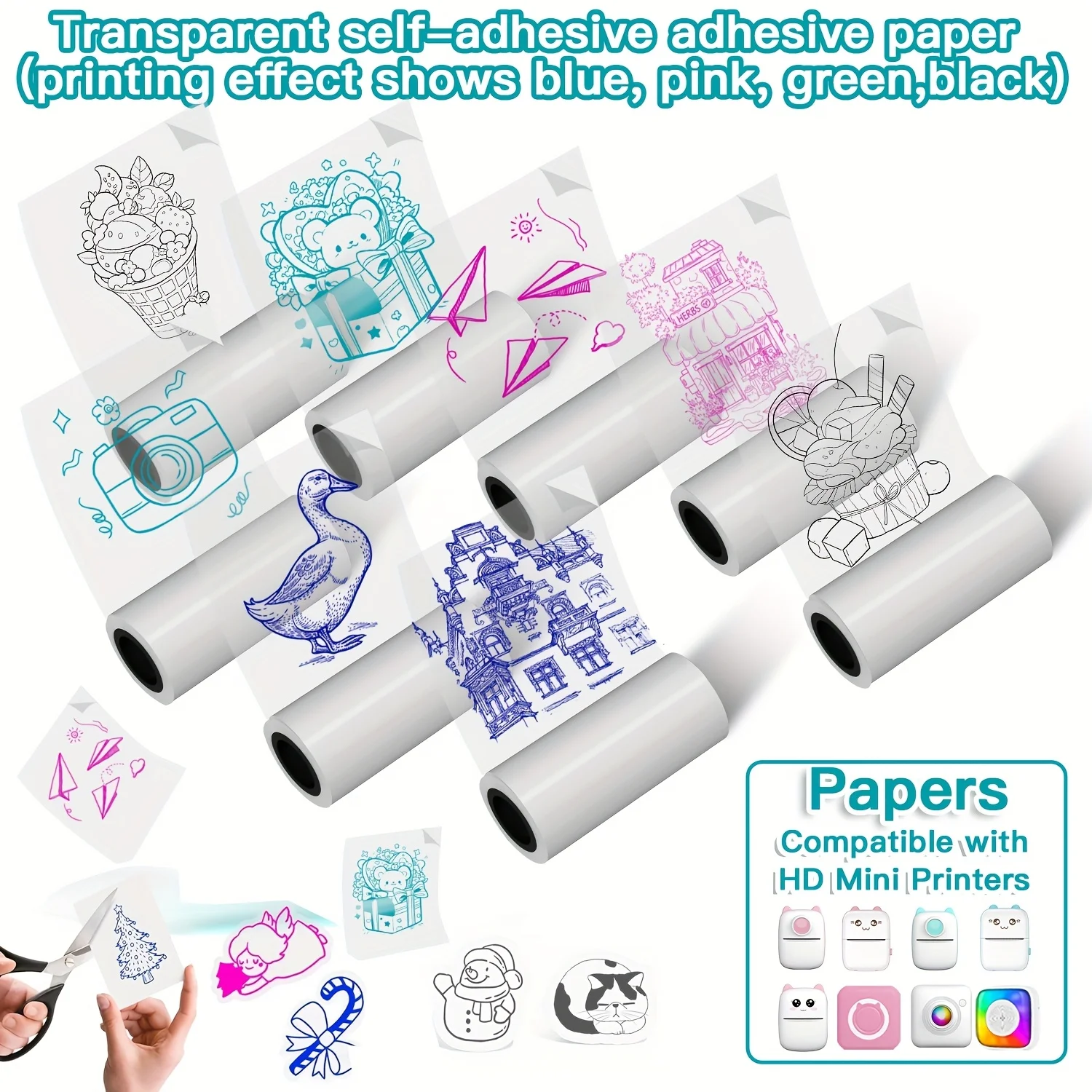 

4/8 Rolls Clear Thermal Transfer Paper HD-Quality Christmas Stickers for Mini Portable Printers Holiday Labels & Festive Decor