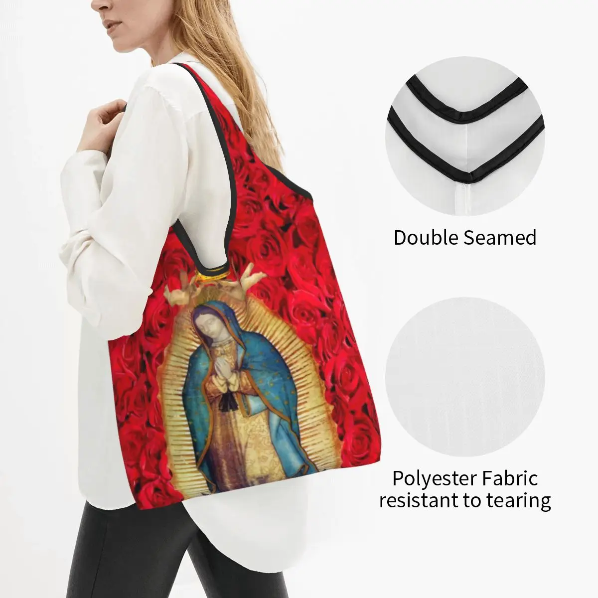 Custom Guadalupe Virgin Mary With Flowers Groceries Shopping Bag Shopper Tote Shoulder Bag Large Capacity Catholic Handbag