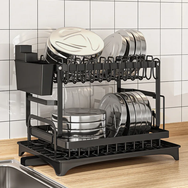 Large Dish Drying Rack, 2-Tier Dish Racks for Kitchen Counter, Detachable Dish Drainer Organizer with Utensil Holder Drain Board