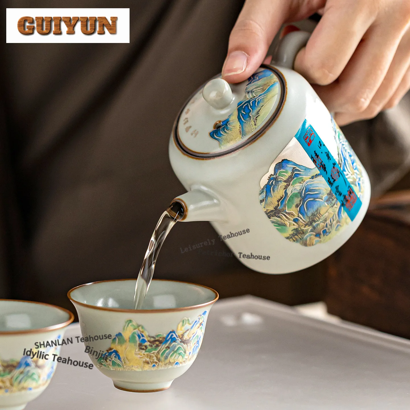 Ru Kiln Hand Painted Rivers And Mountains Travel Tea Set Kit Zen 1 Pot 3 Cups Tea Making Organizer Portable Outdoor Stock Bags