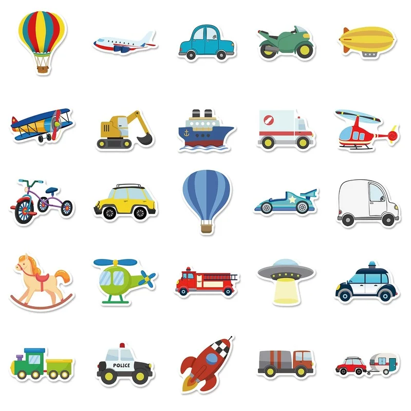 10/25/50pcs Transportation Cartoon Stickers Vehicle for Teaching Home Wall Rewards Gifts Art Toys phone suitcase fridge