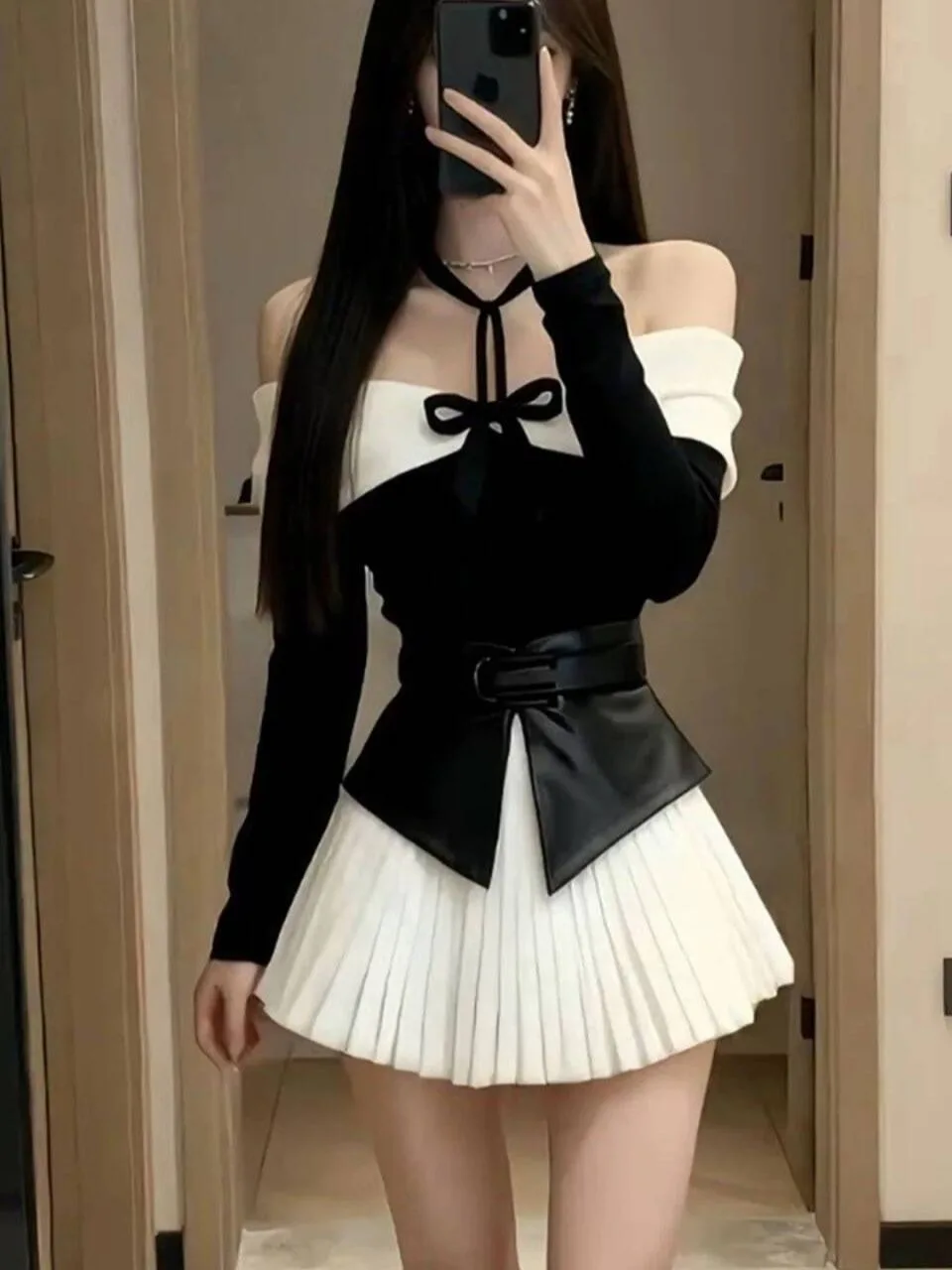 

Элегантный комплект с длинным рукавом и асимметричной юбкой с разрезом, в стиле Spicy Girl Pure Desire, модный женский комплект с высокой талией и плиссированной юбкой.