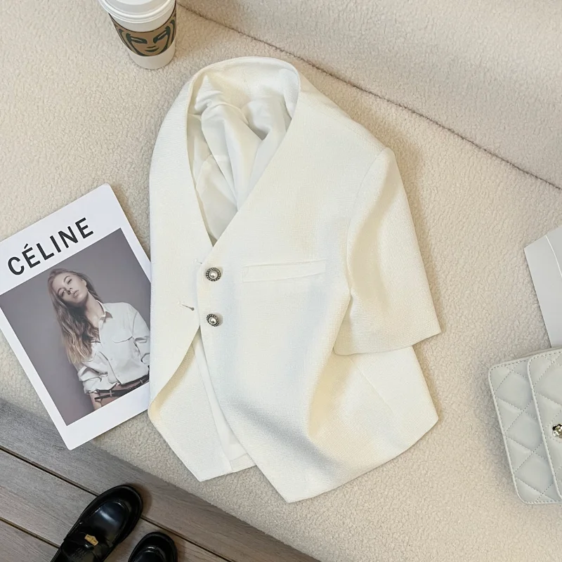 Women White Small Fragrance Short Sleeve Suit Jacket Female Fashion Simple Joker French Lady Thin Short Coat Summer