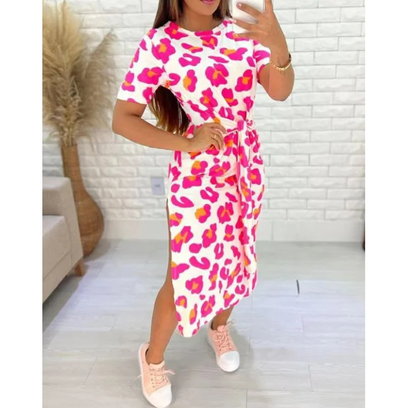 2023European and American Amazon round Neck Short Sleeve Split Lace-upALine Skirt Strap Printing Leopard Print Dress Women's Clo