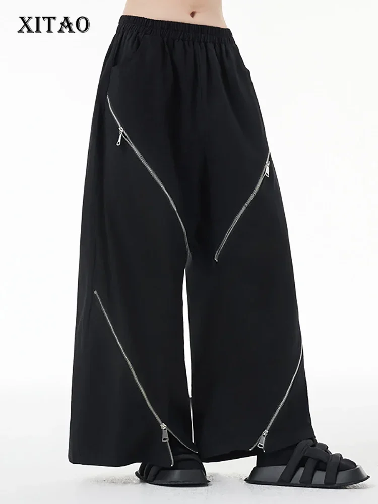 

XITAO Zipper Patchwork Pants Pocket Elastic Waist Solid Color Loose Korea Wide Leg Pants 2025 Spring New All Match DMJ3388
