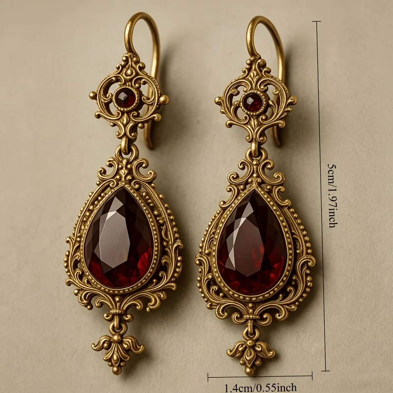 A Pair of Retro Red Synthetic Zirconia Bohemian Style Teardrop Shaped Earrings Jewelry Dinners Weddings Vintage Themed Occasions
