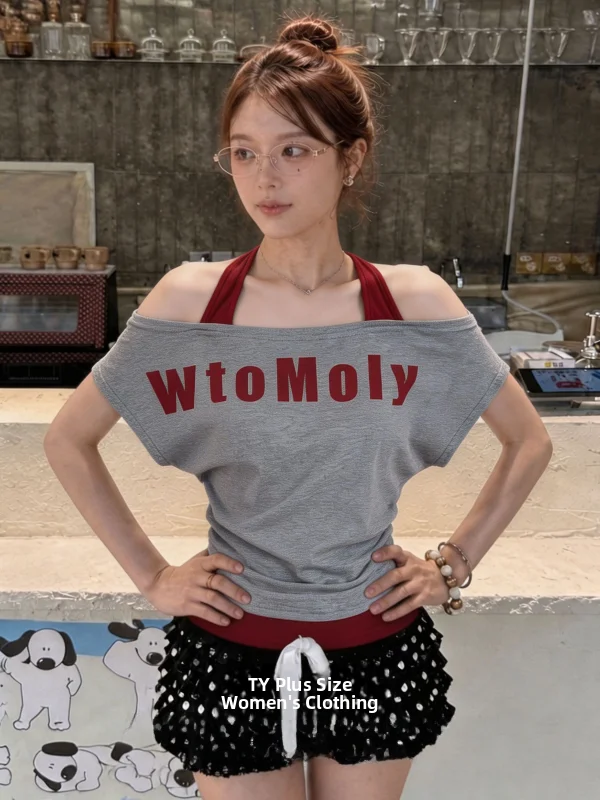 plus Size Casual One Shoulder T-Shirt Summer Slimming Hidden Meat Visual Aid Fat Sister Fake Two-Piece Neck Hanging Letter Top