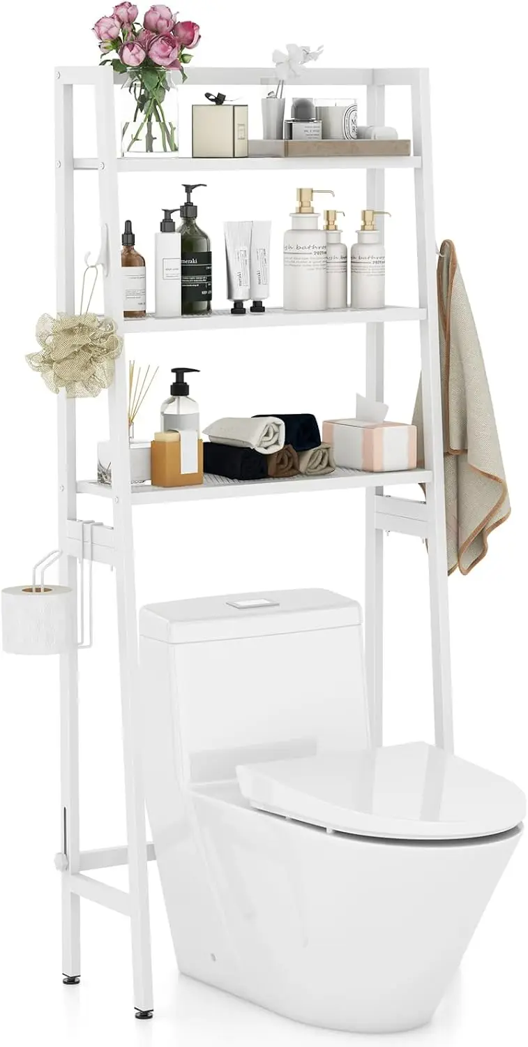 

Over-The-Toilet Storage Rack, 3-Tier Freestanding Bathroom Space Saver Shelf W/ 2 Hanging Hooks & Toilet Paper Holder, Metal