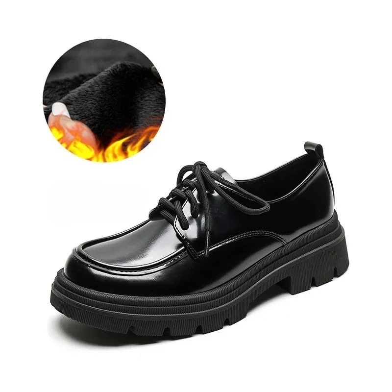 

Black Loafers Thick Bottom Heightening Retro British Style Lace-Up Single Shoes Elegant Simple Fashion for Autumn And Winter