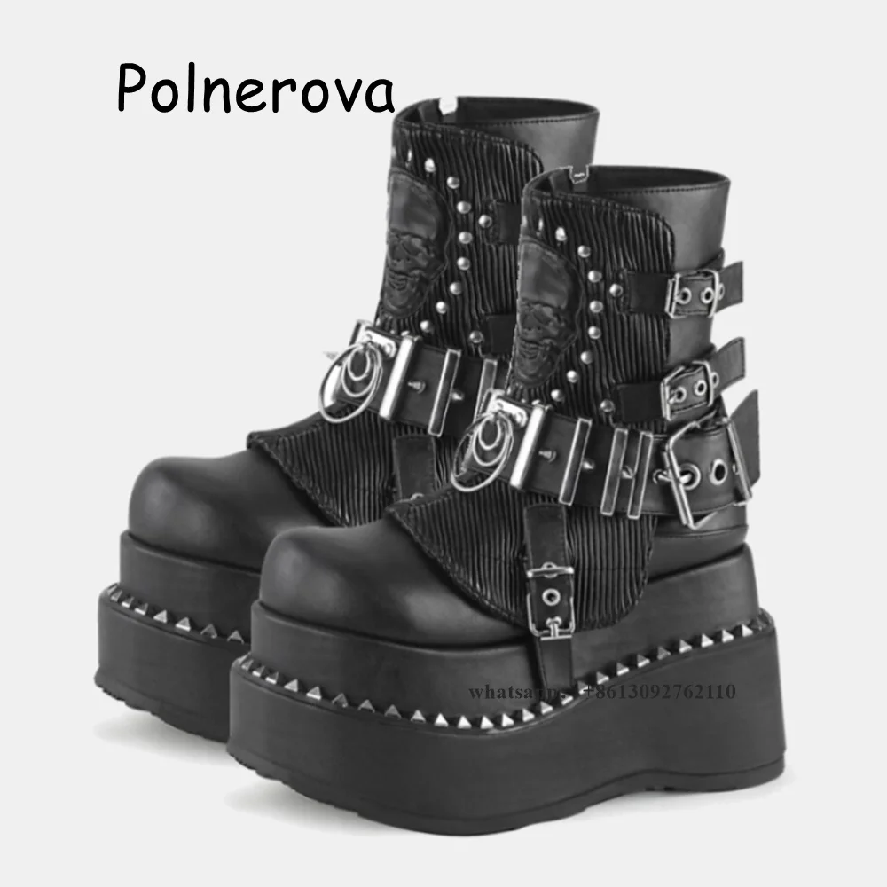 

Round Toe Boots Thick Sole Wedges Women's Shoes Metal Buckle Rivet Side Zipper Vertical Bar Ladies Fashion Punk Ankle Boots