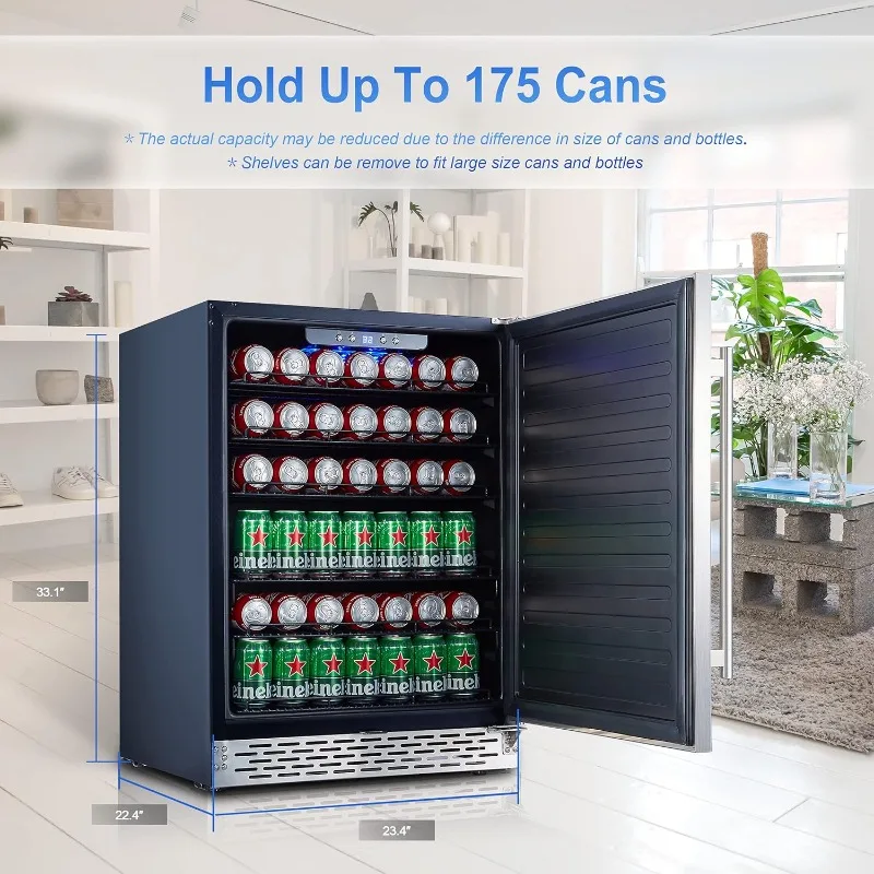 Phiestina 24 inch Indoor/Outdoor Beverage Refrigerator 175 Cans Built-in/Freestanding Beverage Fridge Cooler Lockable