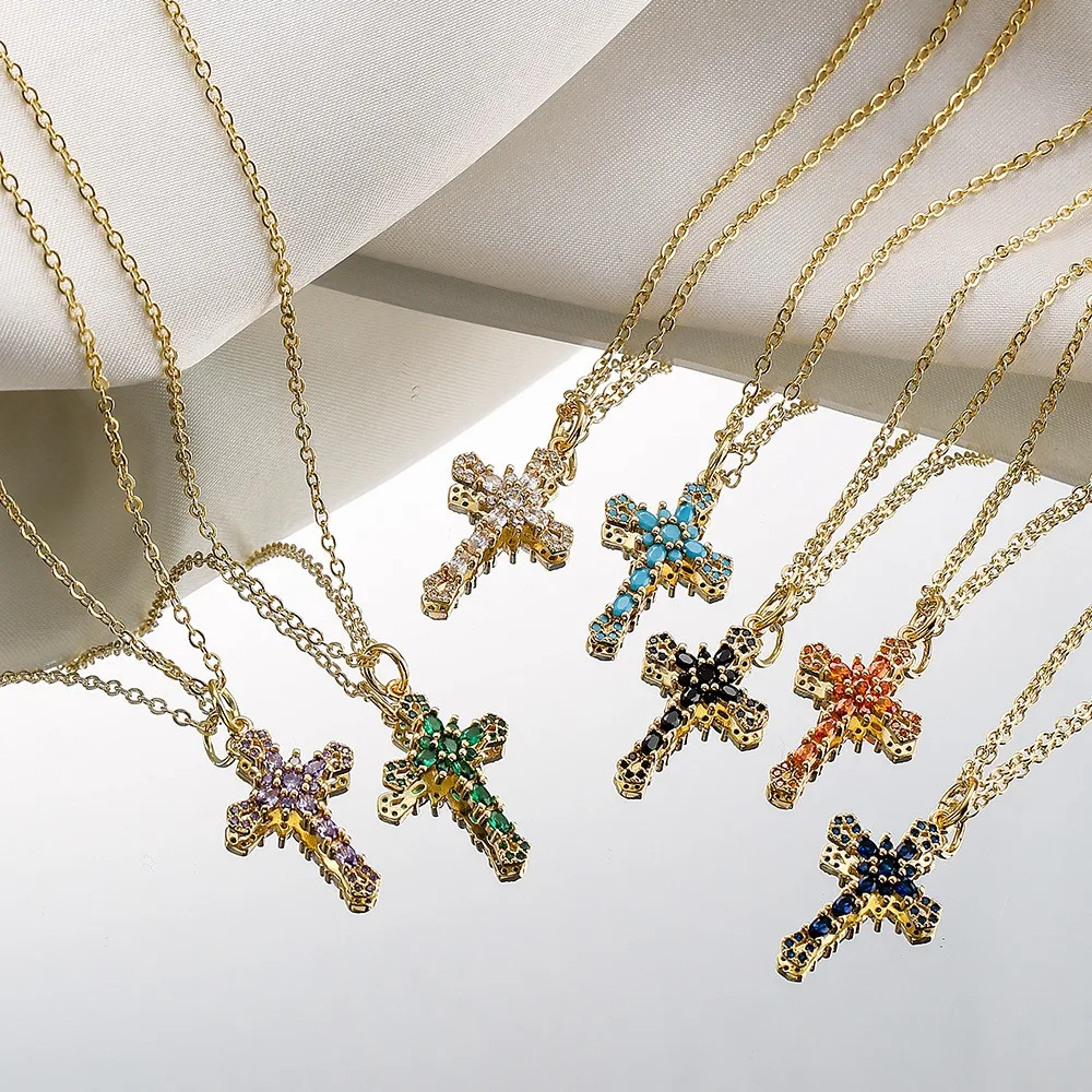 

18k Gold Plated Copper Stone Zircon Cross Necklace Our Lady Choker Jesus Clavicle Chain For Women Amulet Collars Jewelry Gifts